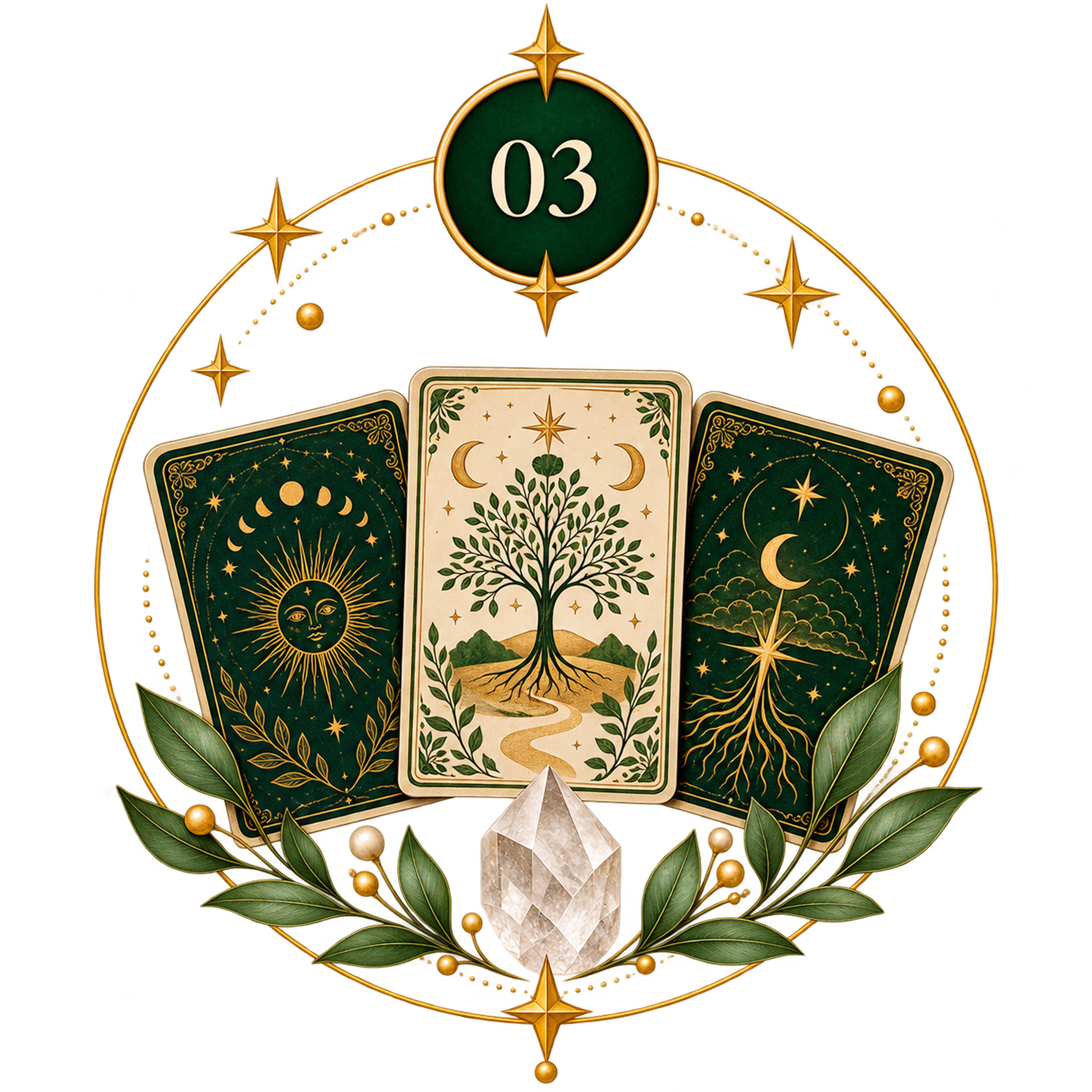 A forest-green tarot card with a gold tree of life