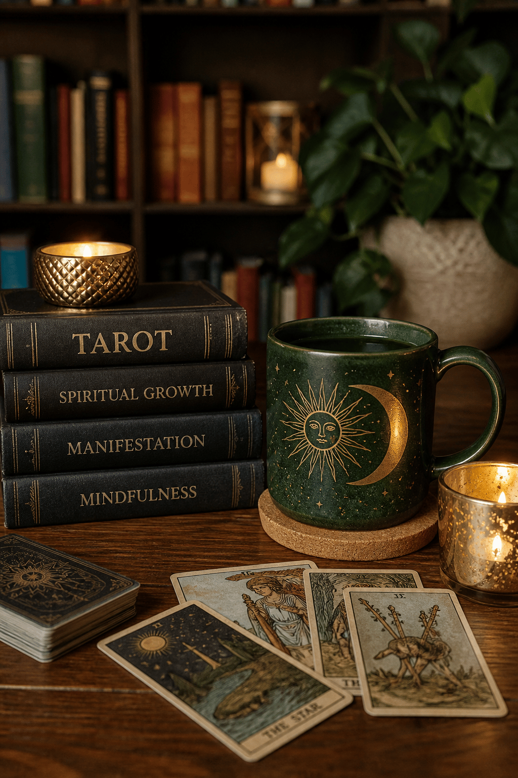 Tarot cards, candles, books and a celestial mug on a wooden table
