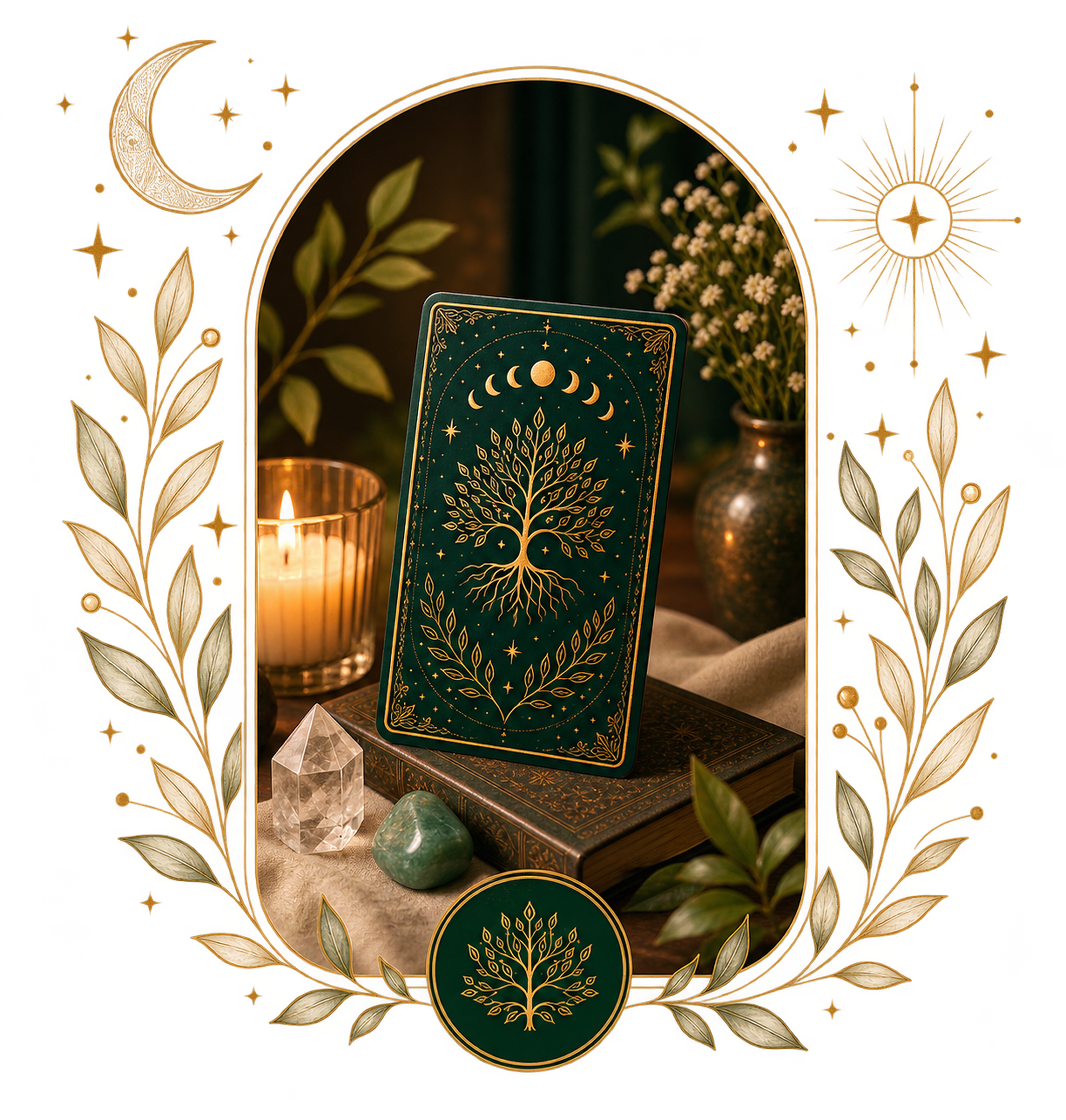 A forest-green tarot card with a gold tree of life, candle, crystals and flowers