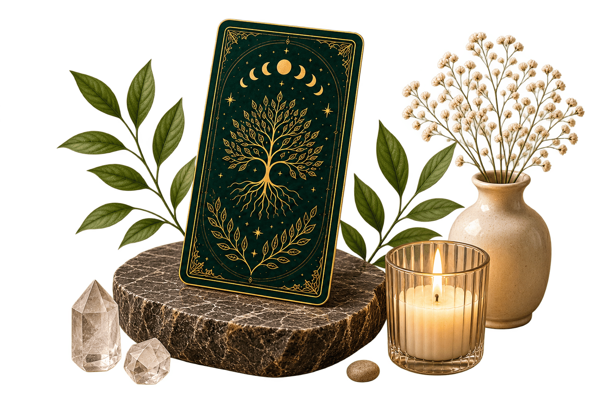 Tarot card with tree of life design on a stone pedestal, surrounded by candles and crystals