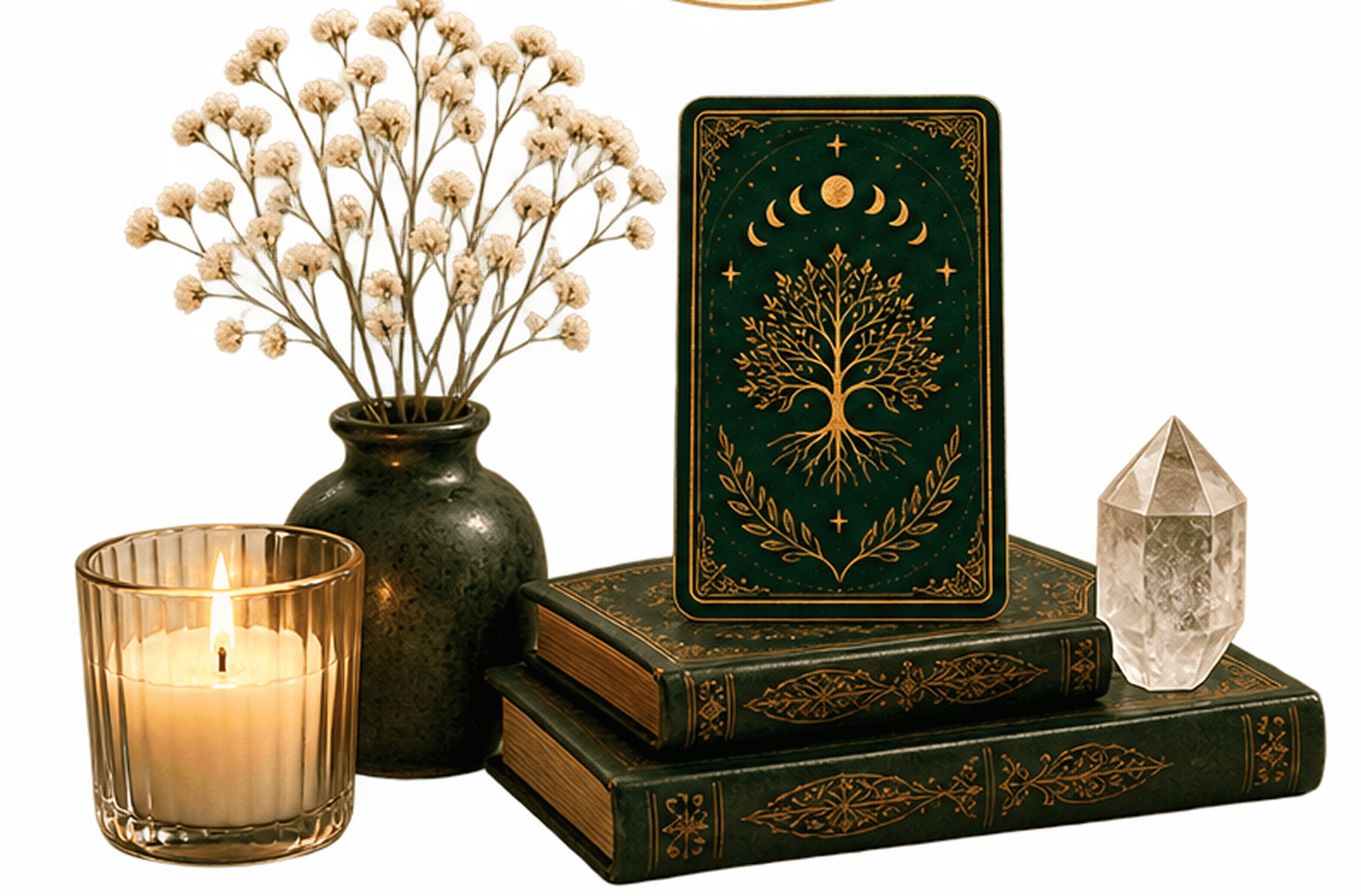 Candle, books, tarot card, flowers and a crystal
