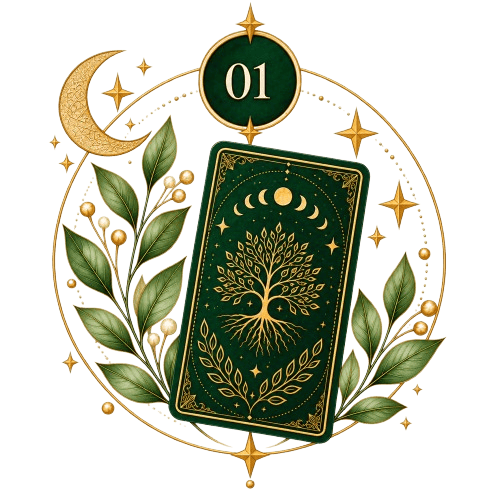 A forest-green tarot card with a gold tree of life